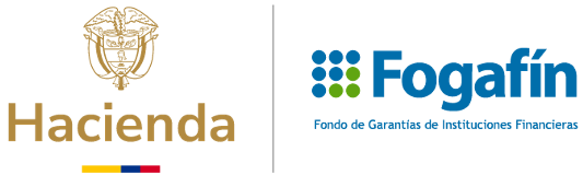 Logo de Fogafín con seis puntos azules y tres puntos verdes formando una F y logo con la palabra Hacienda, la bandera y el escudo de armas de Colombia